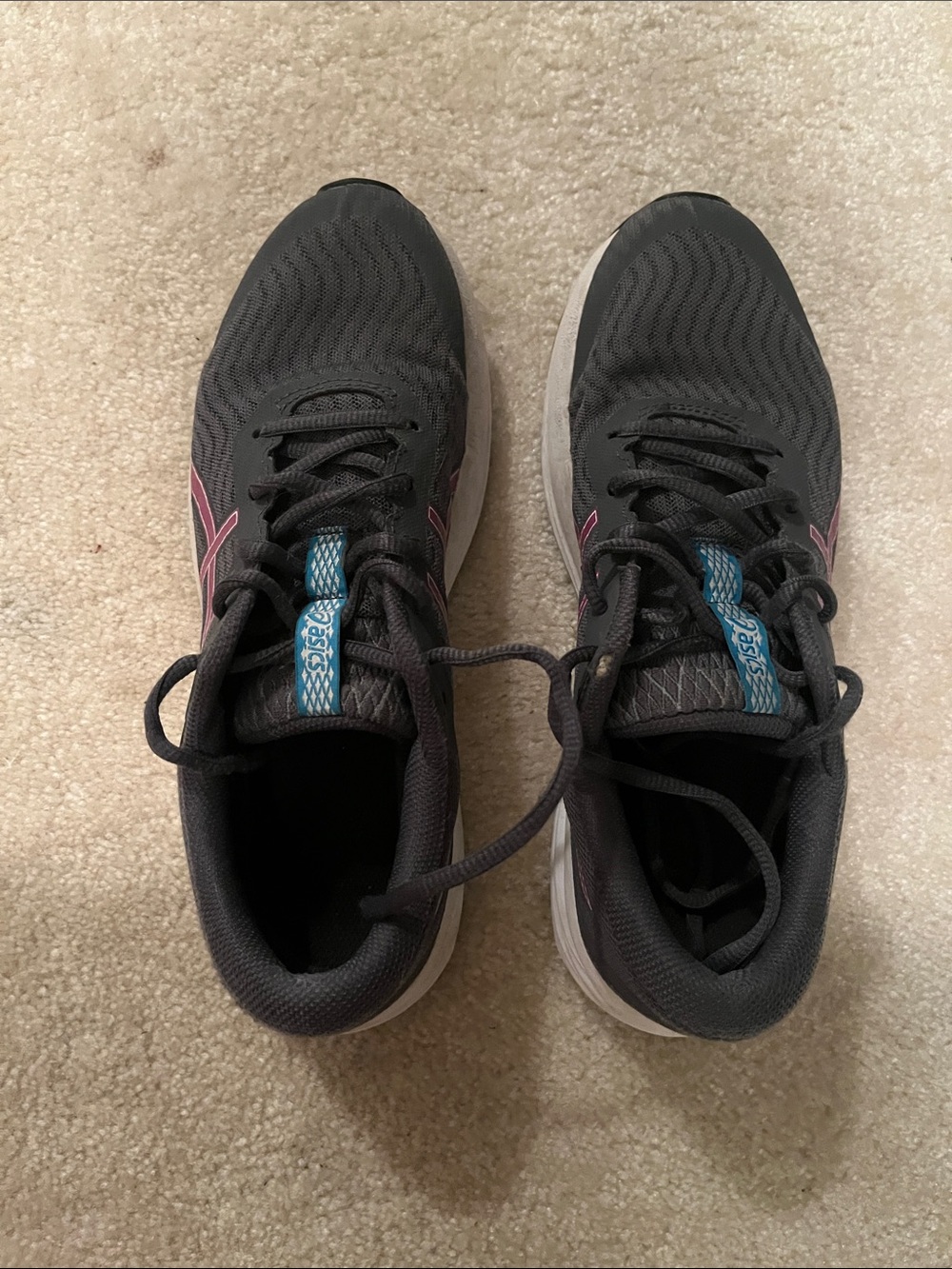 Asics Women's Black and Pink Athletic Sneakers with Teal Tongue Detail